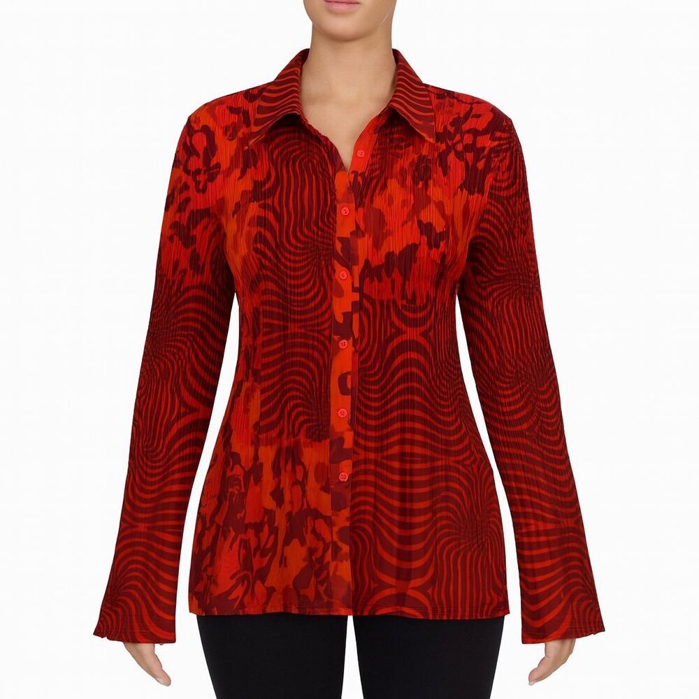 Milano Abstract Print Long Sleeve Button Front Dressy Top Medium